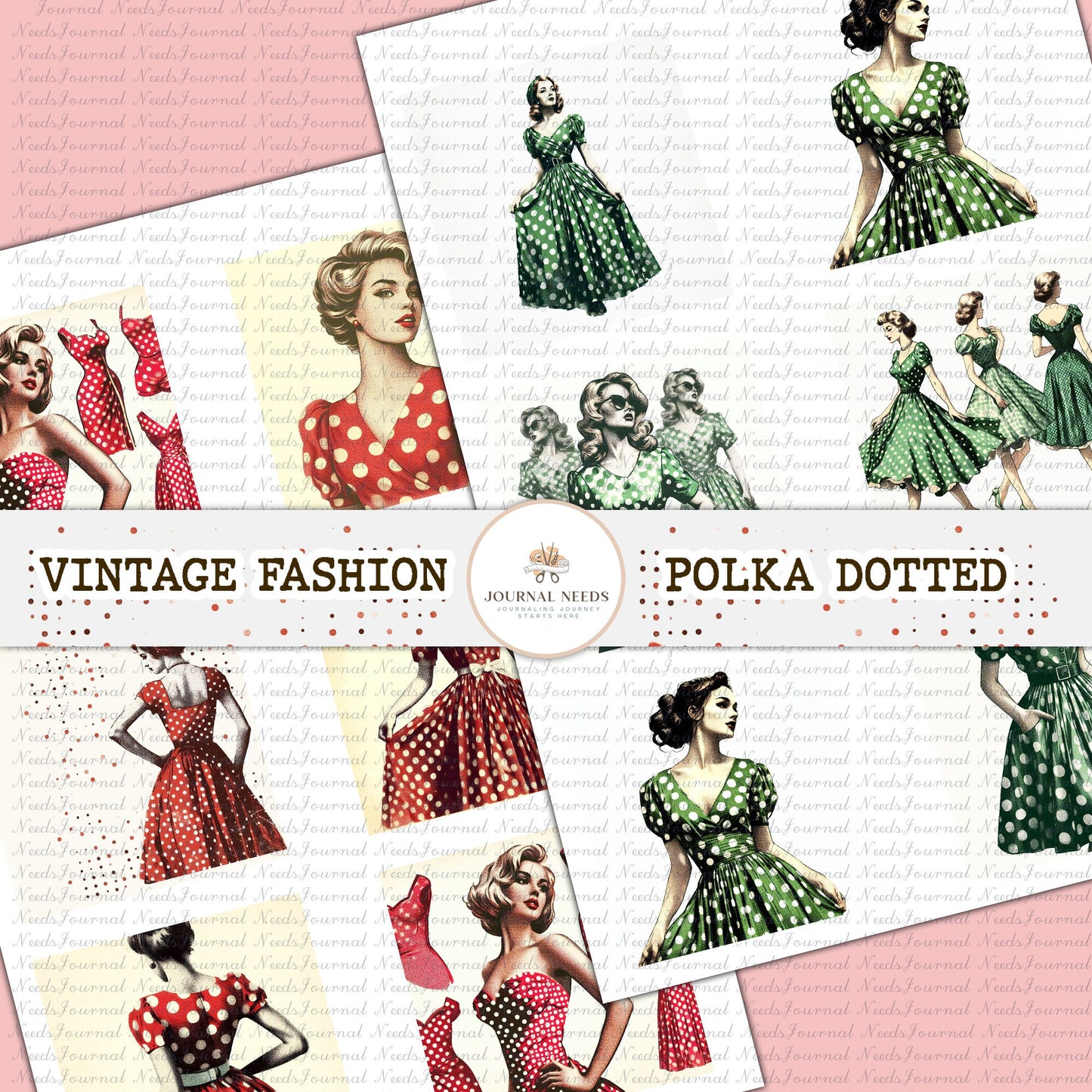 25 Vintage polka Ladies: Retro Fashion, Dotted Polka red orange green(JPG, PDF), Ideal for Junk Journaling & Scrapbooking Fussy Cuts