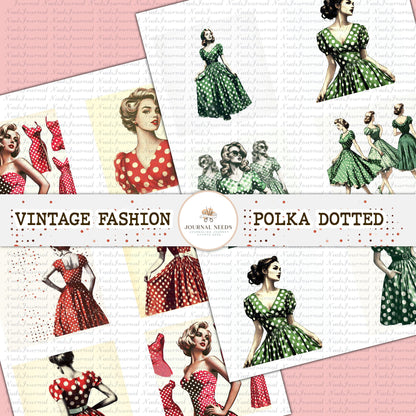 25 Vintage polka Ladies: Retro Fashion, Dotted Polka red orange green(JPG, PDF), Ideal for Junk Journaling & Scrapbooking Fussy Cuts