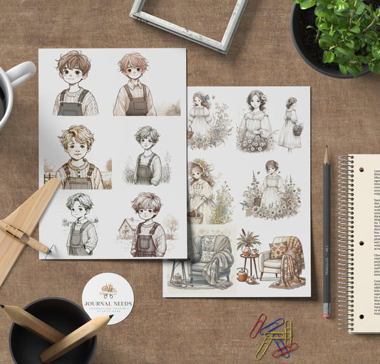 Cottagecore Comfort Collection - 15 Sheets of Charming Illustrations - ClipArt&#39;s fussy cuts for junk journaling and scrapbooking  vintage