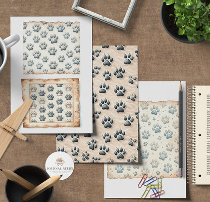 Dog Paw pattern background pages - vintage page background pdf jpg . junk journal dog theme kit