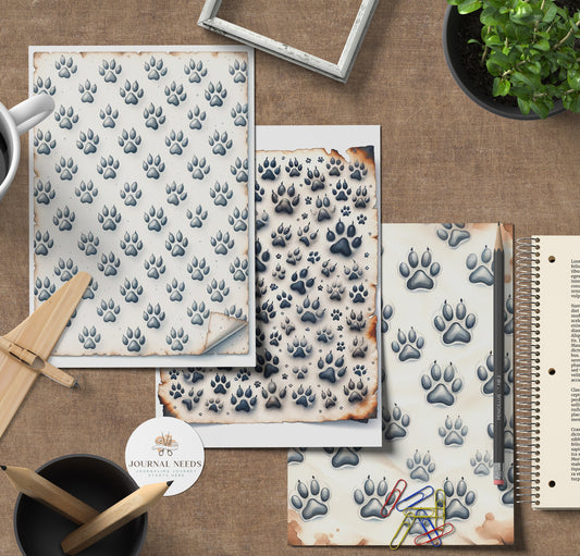 Dog Paw pattern background pages - vintage page background pdf jpg . junk journal dog theme kit