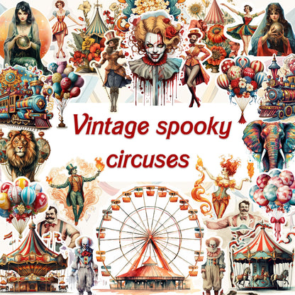 Vintage Spooky Circuses Printable Collection: 52 Sheets - PDF, PNG, JPG for Creative Journals and Crafts