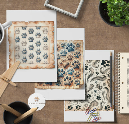 Dog Paw pattern background pages - vintage page background pdf jpg . junk journal dog theme kit