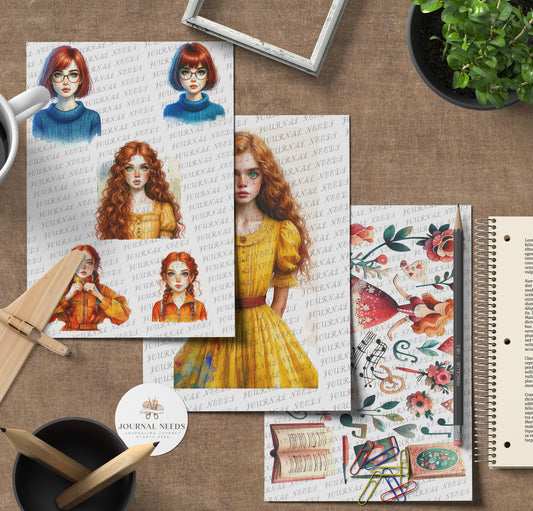 Vintage Redhead Elegance: 50+ Hyper-Realistic Girl Portraits for Junk Journaling - PNG, JPG, PDF Collection