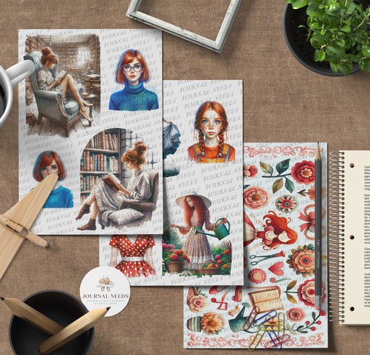 Vintage Redhead Elegance: 50+ Hyper-Realistic Girl Portraits for Junk Journaling - PNG, JPG, PDF Collection