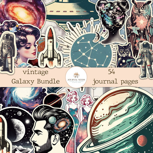 Vintage Galaxy Bundle: Astronauts, Planets, Stars, 54 Pages JPG, PNG, PDF for Junk Journaling & Scrapbooking. Explore the cosmos creatively!