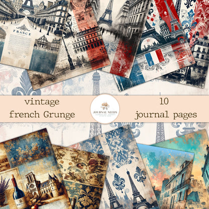 Vintage Paris Grunge: 10-Page Digital Collection for Scrapbooking and Junk Journaling - High-Quality JPG & PDF - Junk Journal Pages - French
