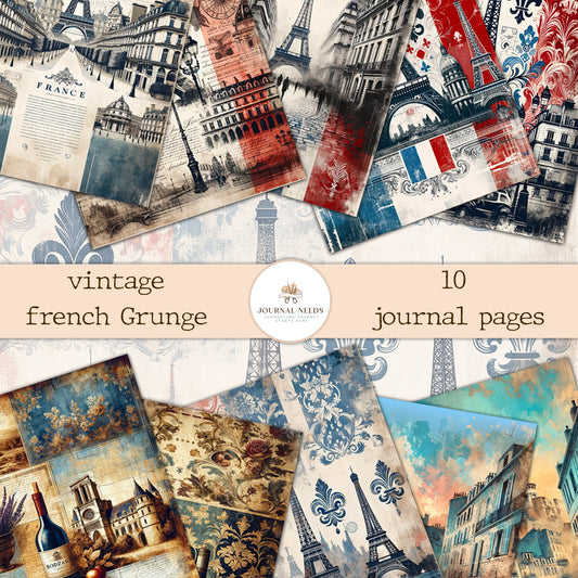 Vintage Paris Grunge: 10-Page Digital Collection for Scrapbooking and Junk Journaling - High-Quality JPG & PDF - Junk Journal Pages - French