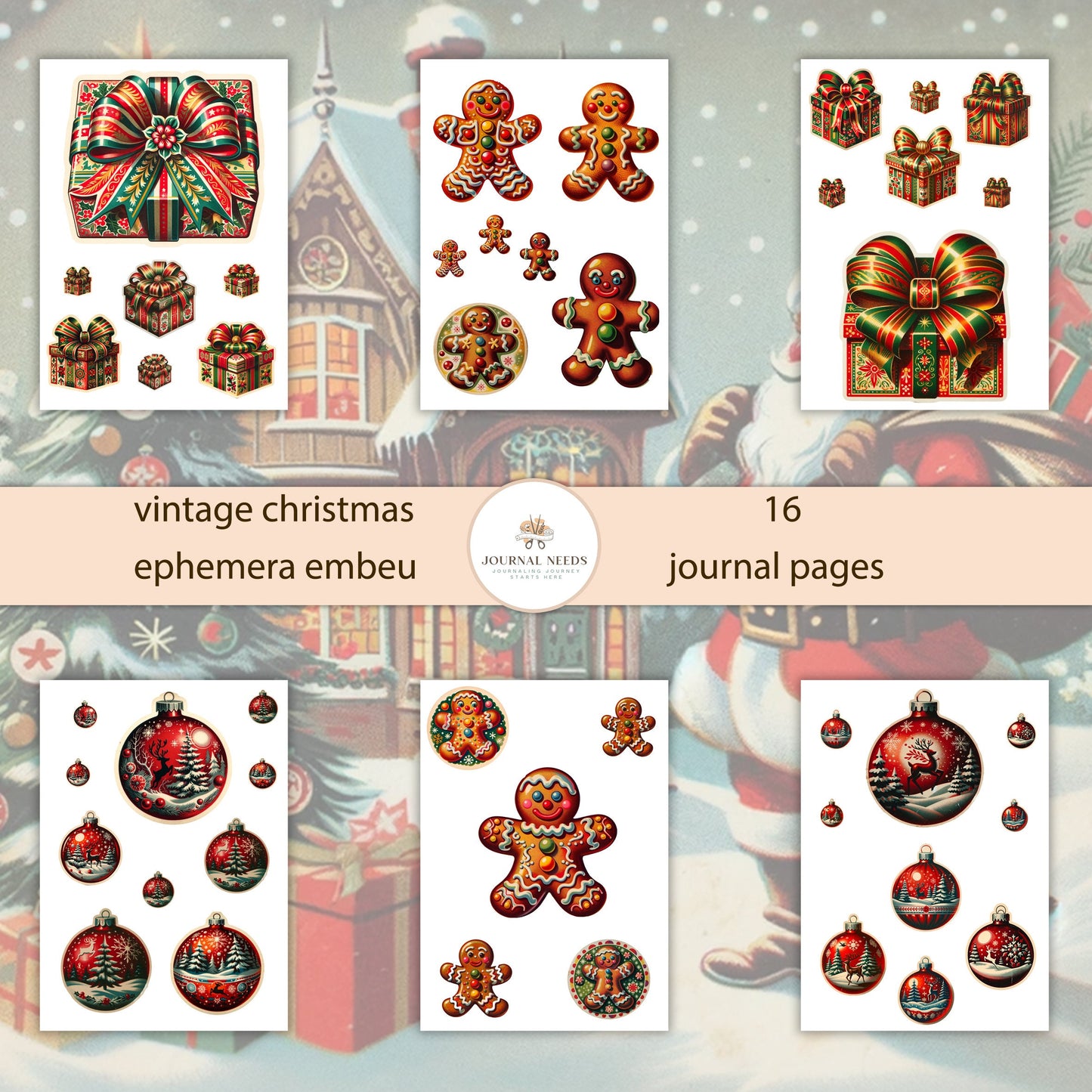 Vintage Christmas ephemera collection 16 sheet - junk journaling and scrapbooking embellishments digital kit - jpg png pdf