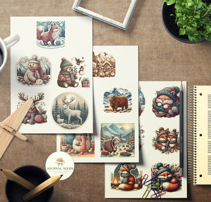 Winter Warmth & Comfort Stickers: Pyjamas, Animals, Fireplace, Hot Drinks, People, Horse Carriages. 42 Pages in PDF, PNG, JPG for Cozy Vibes