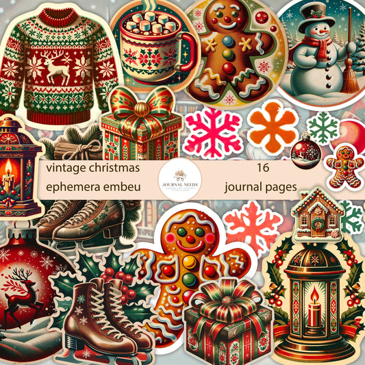 Vintage Christmas ephemera collection 16 sheet - junk journaling and scrapbooking embellishments digital kit - jpg png pdf