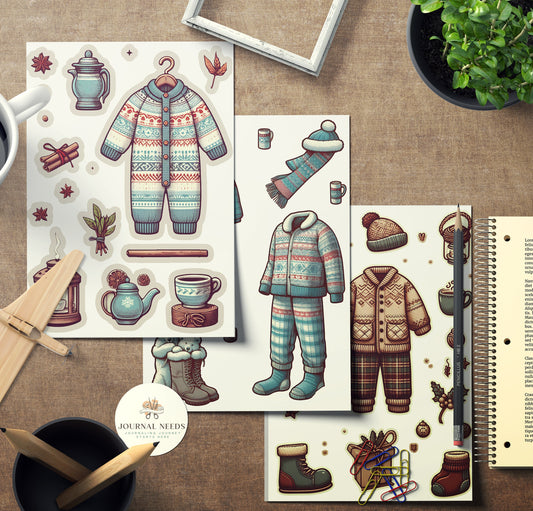Winter Warmth & Comfort Stickers: Pyjamas, Animals, Fireplace, Hot Drinks, People, Horse Carriages. 42 Pages in PDF, PNG, JPG for Cozy Vibes
