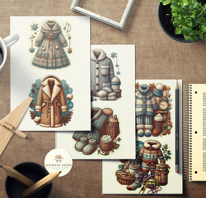 Winter Warmth & Comfort Stickers: Pyjamas, Animals, Fireplace, Hot Drinks, People, Horse Carriages. 42 Pages in PDF, PNG, JPG for Cozy Vibes