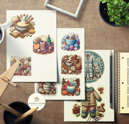 Winter Warmth & Comfort Stickers: Pyjamas, Animals, Fireplace, Hot Drinks, People, Horse Carriages. 42 Pages in PDF, PNG, JPG for Cozy Vibes