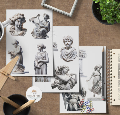 Ancient Greek Elegance: Dive into 55 pages of vintage stickers, backgrounds featuring women, men, animals, flowers, and more. PDF,PNG, JPG