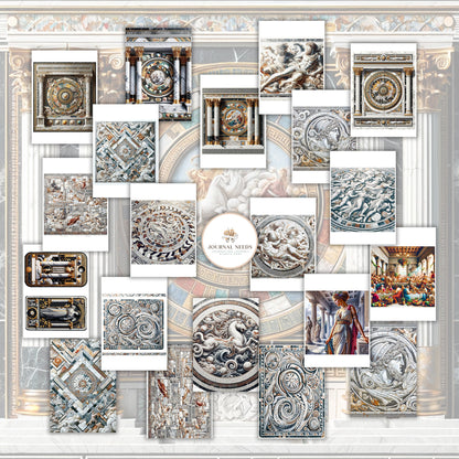 Ancient Greek Elegance: Dive into 55 pages of vintage stickers, backgrounds featuring women, men, animals, flowers, and more. PDF,PNG, JPG