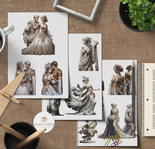 Ancient Greek Elegance: Dive into 55 pages of vintage stickers, backgrounds featuring women, men, animals, flowers, and more. PDF,PNG, JPG