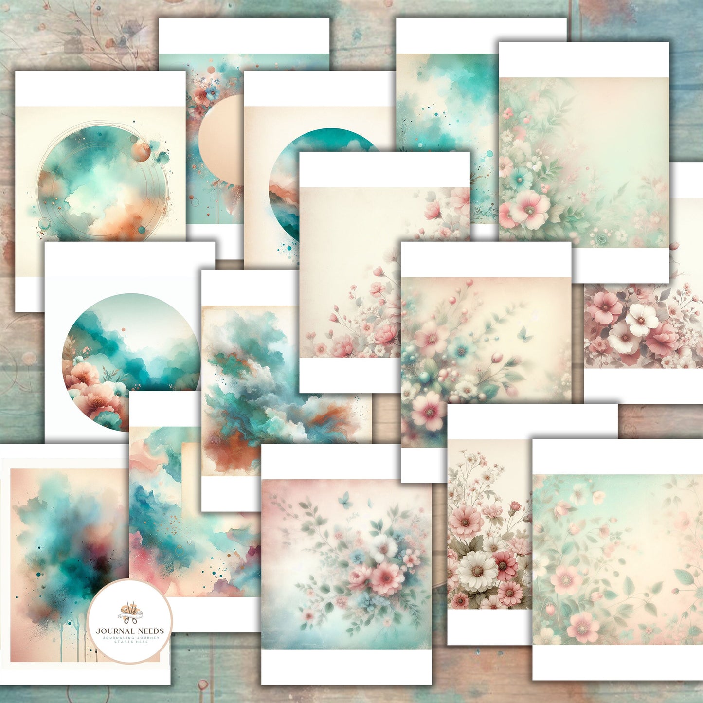 Turquoise Elegance: Distressed Theme Junk Journaling Digital Collection HD Watercolor Backgrounds, Fussy Cut Images, Makeup & Purse Folios