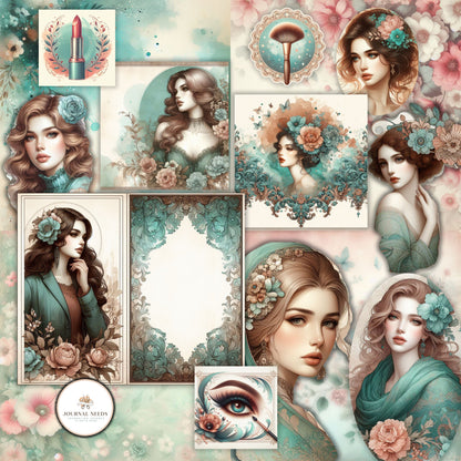 Turquoise Elegance: Distressed Theme Junk Journaling Digital Collection HD Watercolor Backgrounds, Fussy Cut Images, Makeup & Purse Folios