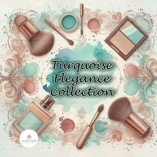 Turquoise Elegance: Distressed Theme Junk Journaling Digital Collection HD Watercolor Backgrounds, Fussy Cut Images, Makeup & Purse Folios