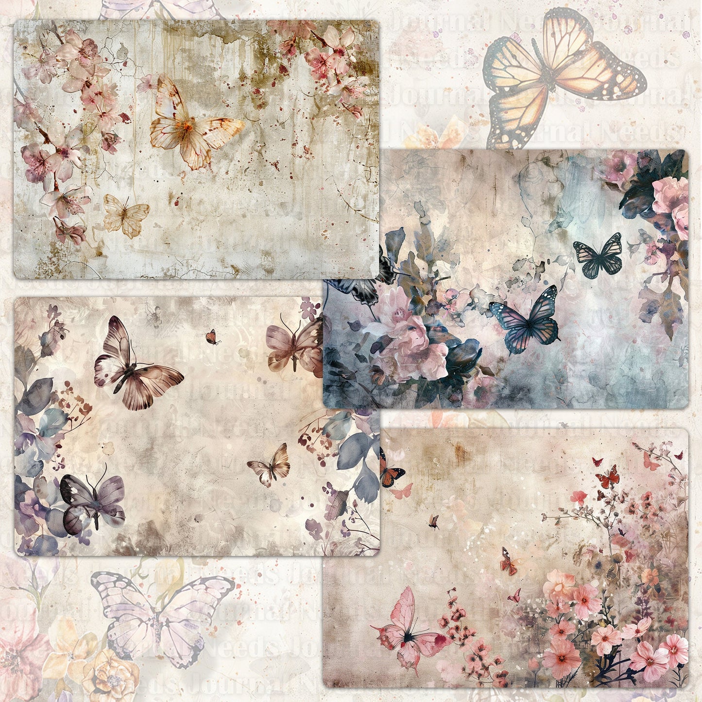 BRUSHED BUTTERFLY SPIRIT . 40 floral background papers for junk journal and scrapbook , digital download, collage sheets folded A4  size