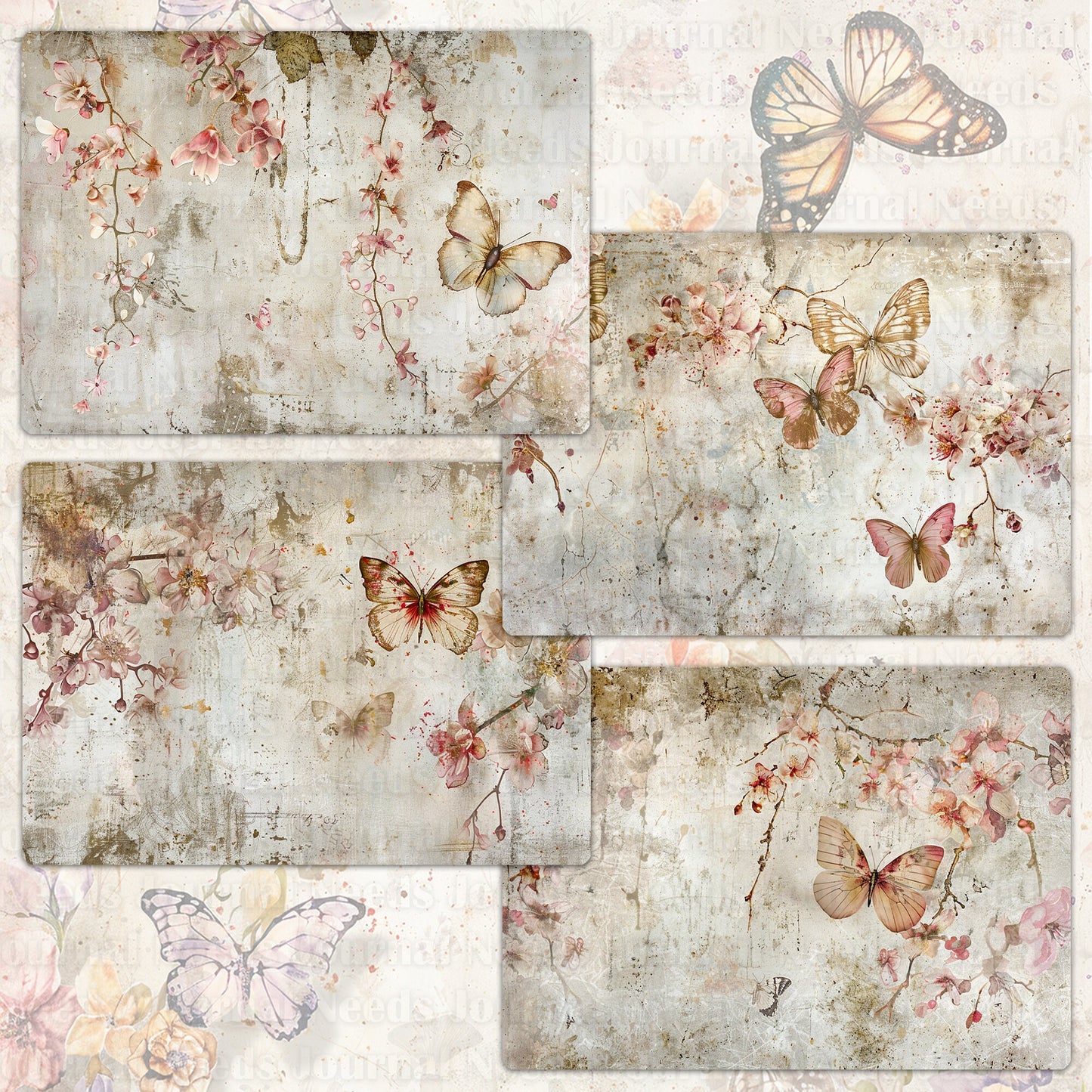 BRUSHED BUTTERFLY SPIRIT . 40 floral background papers for junk journal and scrapbook , digital download, collage sheets folded A4  size