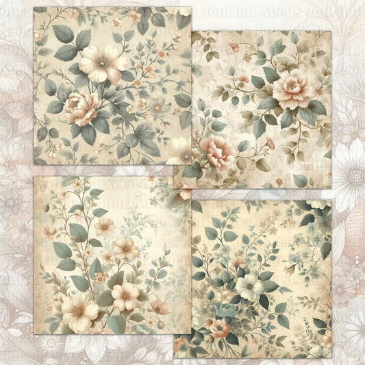 BRUSHED FLOWERS SPIRIT 01. 28 floral background papers for junk journal and scrapbook , digital download, collage sheets folded