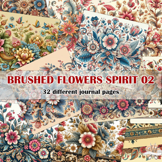 BRUSHED FLOWERS SPIRIT 02. 32 floral background papers for junk journal and scrapbook , digital download, collage sheets folded