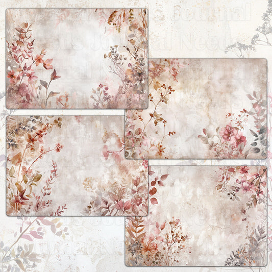 BRUSHED BLOSSOMS SPIRIT . floral background papers for junk journal and scrapbook , digital download, collage sheets . folded A4 paper size