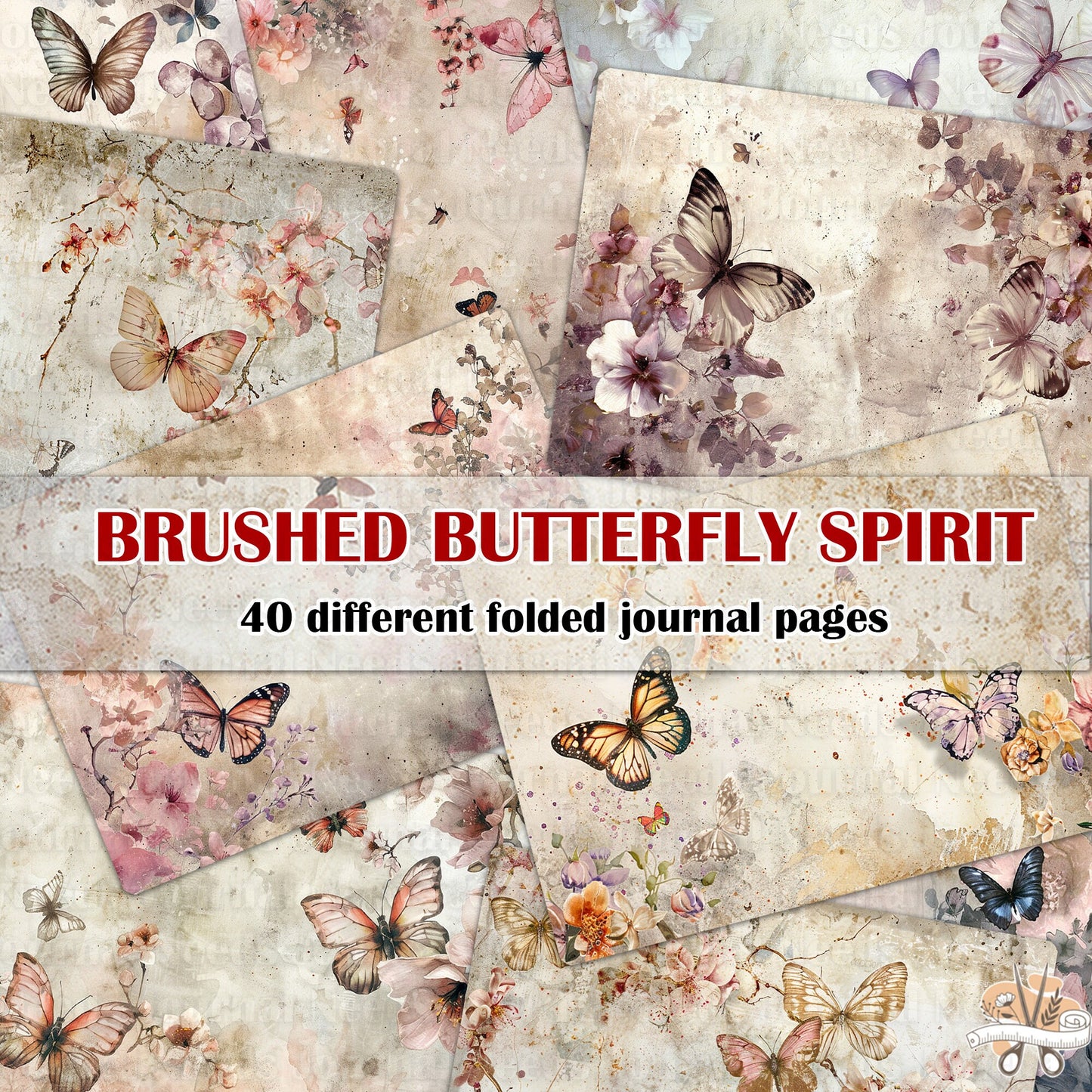 BRUSHED BUTTERFLY SPIRIT . 40 floral background papers for junk journal and scrapbook , digital download, collage sheets folded A4  size