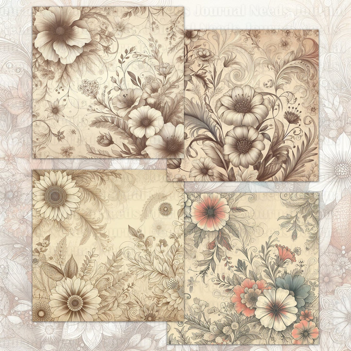 BRUSHED FLOWERS SPIRIT 01. 28 floral background papers for junk journal and scrapbook , digital download, collage sheets folded
