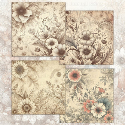 BRUSHED FLOWERS SPIRIT 01. 28 floral background papers for junk journal and scrapbook , digital download, collage sheets folded