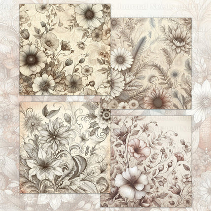 BRUSHED FLOWERS SPIRIT 01. 28 floral background papers for junk journal and scrapbook , digital download, collage sheets folded