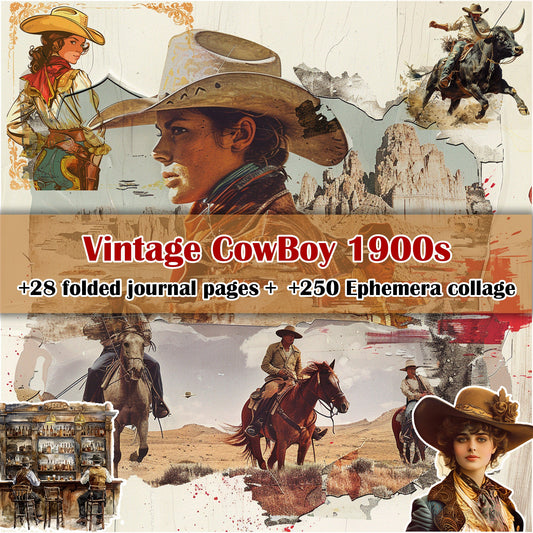 Vintage Cowboy 190s Junk Journal Digital Collection | 28 Folded Pages + 250+ Ephemera Sheets for Scrapbooking & Crafting - cow girls horses