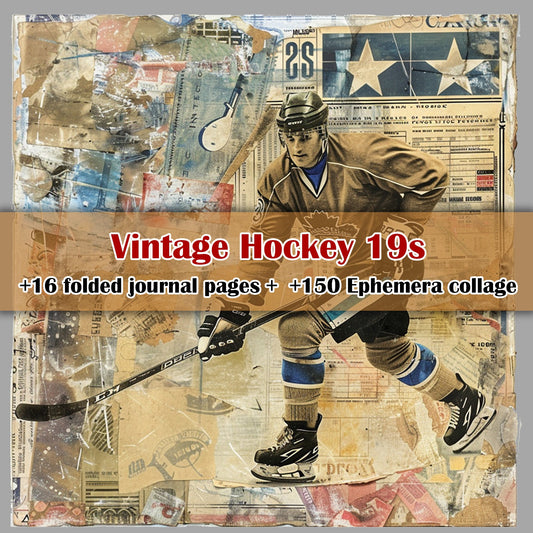 Vintage Hockey Junk Journal Digital Collection | 16 Folded Pages + 19 Ephemera Sheets for Scrapbooking & Crafting