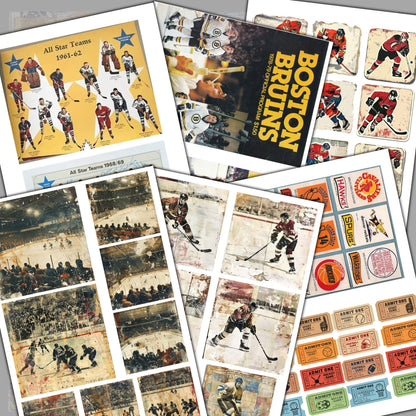 Vintage Hockey Junk Journal Digital Collection | 16 Folded Pages + 19 Ephemera Sheets for Scrapbooking & Crafting