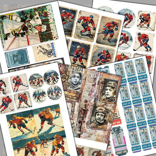 Vintage Hockey Junk Journal Digital Collection | 16 Folded Pages + 19 Ephemera Sheets for Scrapbooking & Crafting