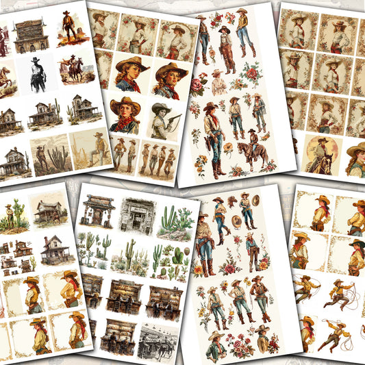 Vintage Cowboy 190s Junk Journal Digital Collection | 28 Folded Pages + 250+ Ephemera Sheets for Scrapbooking & Crafting - cow girls horses