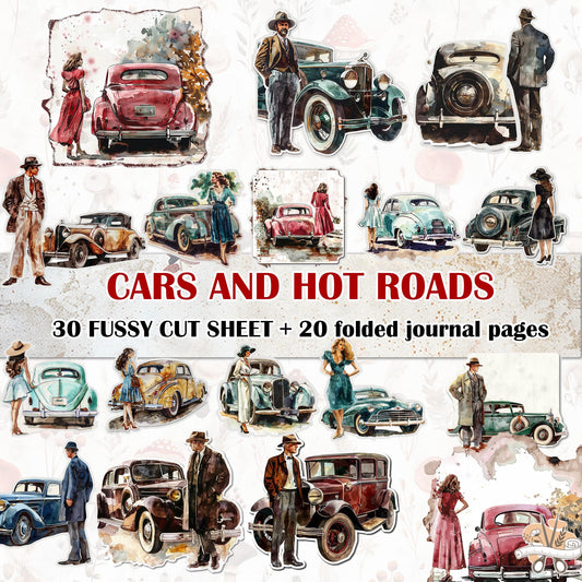 vintage CARS and HOT ROADS  Printable Collection: 52 Sheets - pdf, png, jpg Journals and Crafts . fussy cuts images - digital printables