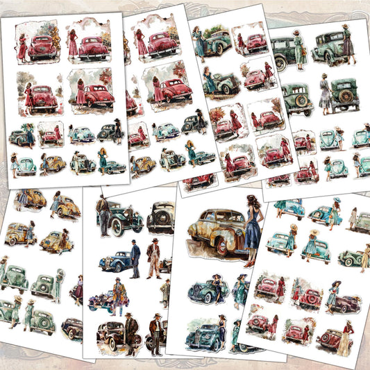 vintage CARS and HOT ROADS  Printable Collection: 52 Sheets - pdf, png, jpg Journals and Crafts . fussy cuts images - digital printables