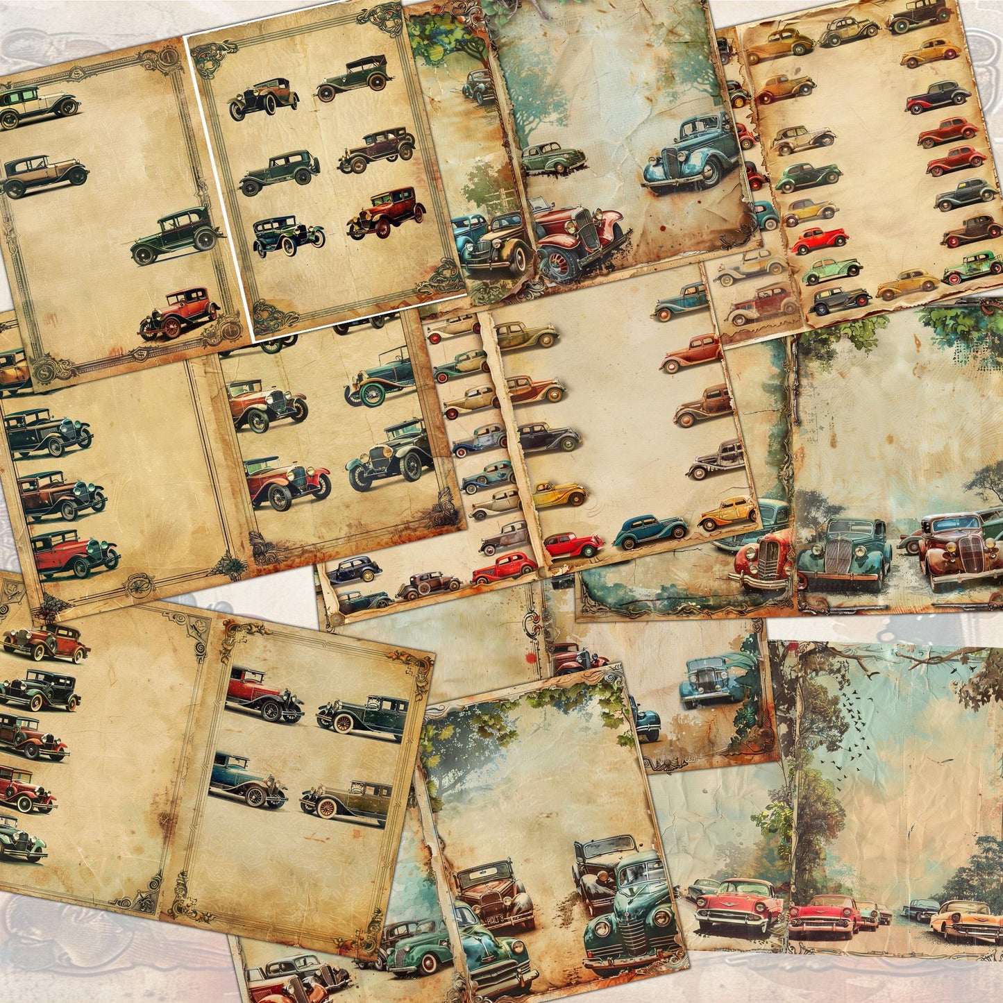 vintage CARS and HOT ROADS  Printable Collection: 52 Sheets - pdf, png, jpg Journals and Crafts . fussy cuts images - digital printables