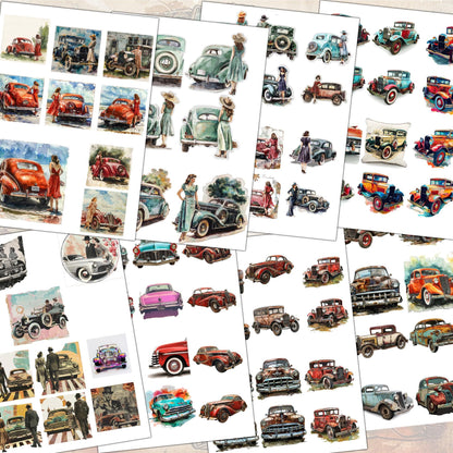 vintage CARS and HOT ROADS  Printable Collection: 52 Sheets - pdf, png, jpg Journals and Crafts . fussy cuts images - digital printables